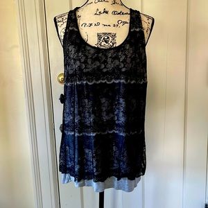 Maurice’s lace tank top, plus size 2, black lace over gray cotton